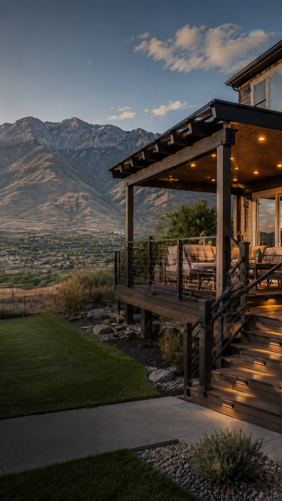 Custom Trex deck with integrated lighting overlooking the Wasatch Front, Utah